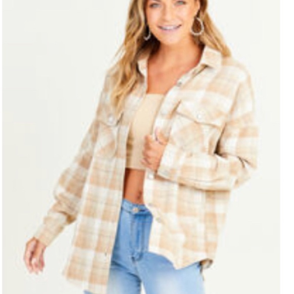 Altar’d State Shara Plaid Button Down Jacket Taupe-Cream Small